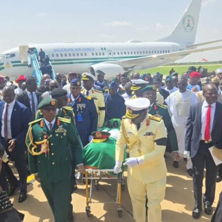 Body of former President arrives in Katsina aboard presidential jet, draped in national flag