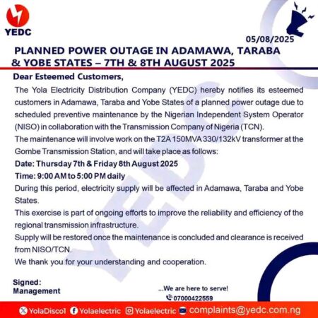 Two-day outage to improve electricity infrastructure and service reliability in northeastern Nigeria